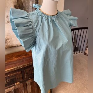 NWT THML Sky Blue Leather Ruffle Sleeve Blouse - size S
